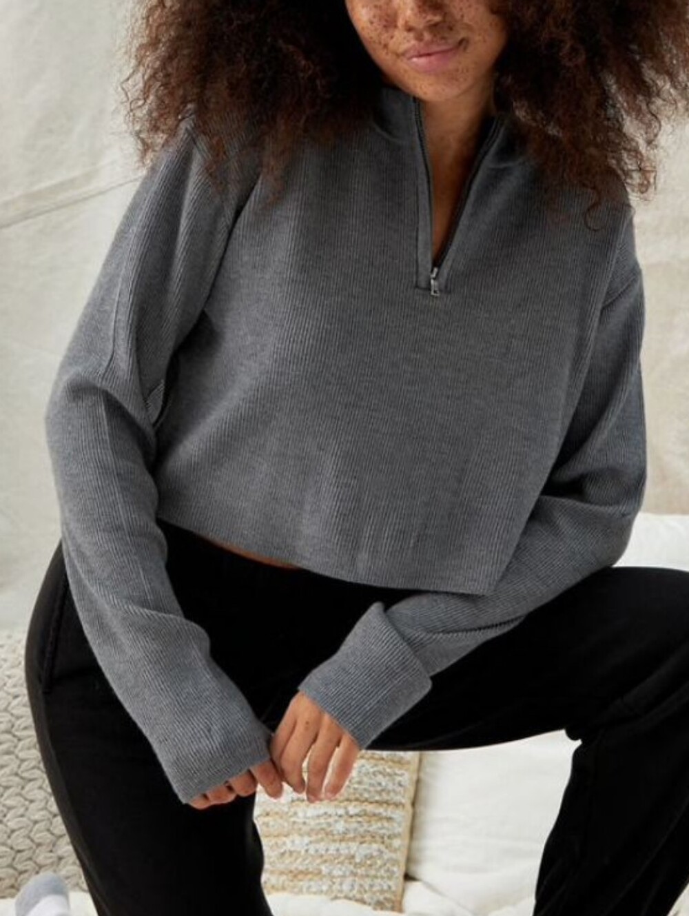 Pacsun LA Hearts Gray Ribbed Knit Cropped Half Zip Sweater